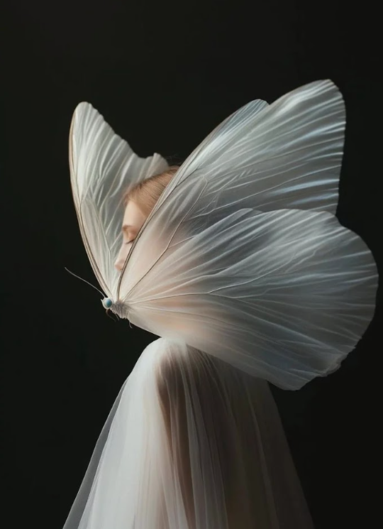 Ethereal figure veiled by translucent butterfly wings