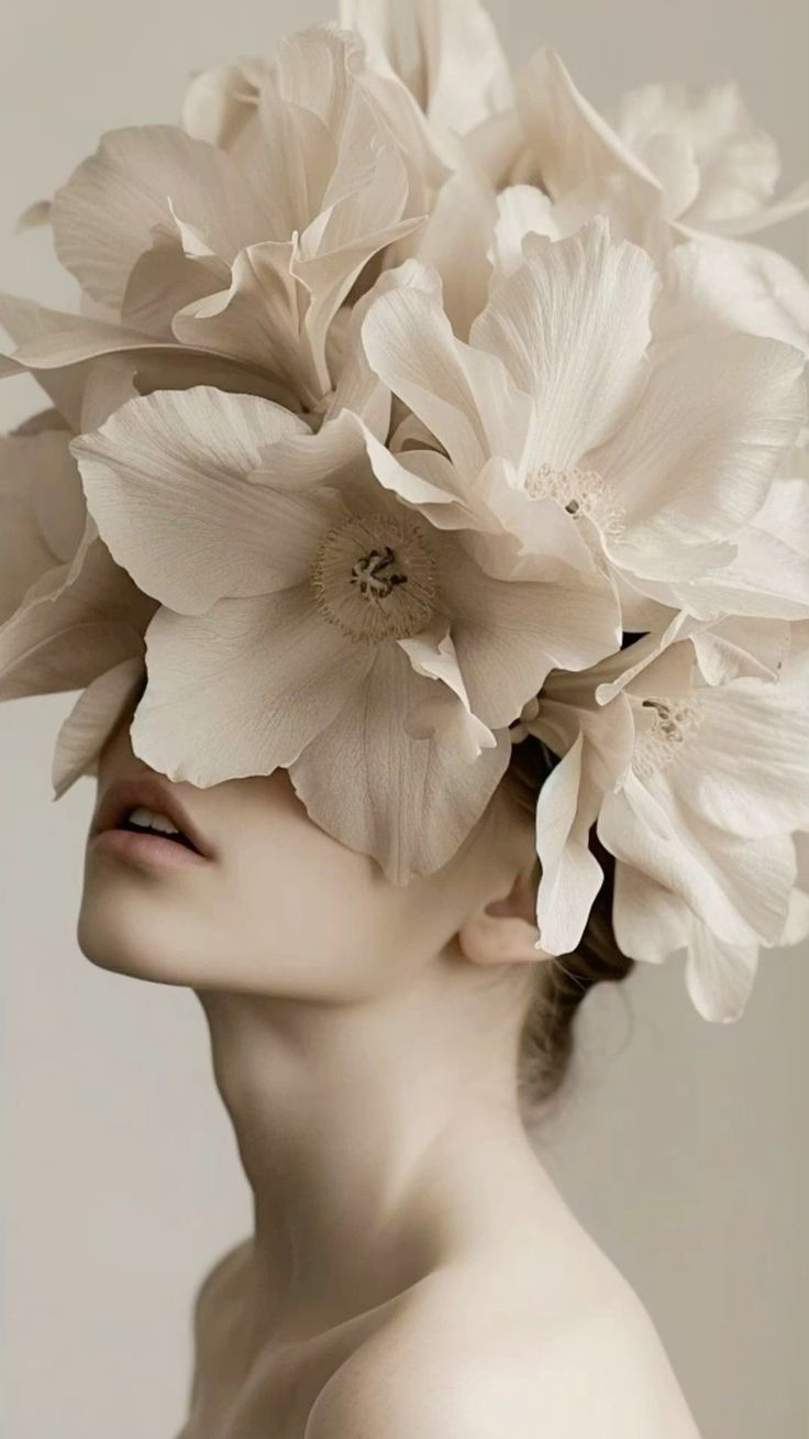 Portrait with cascading pale flowers obscuring the face